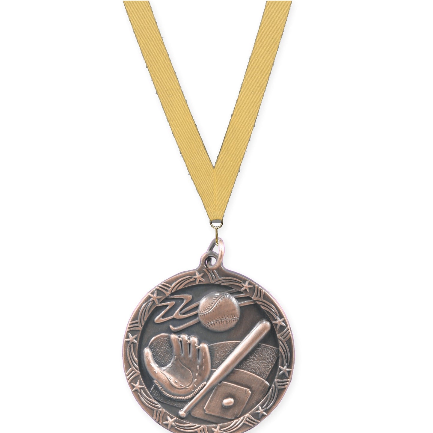 1 3/4 inch baseball and softball Shooting Star medal in antique bronze with Gold Metallic neck ribbon