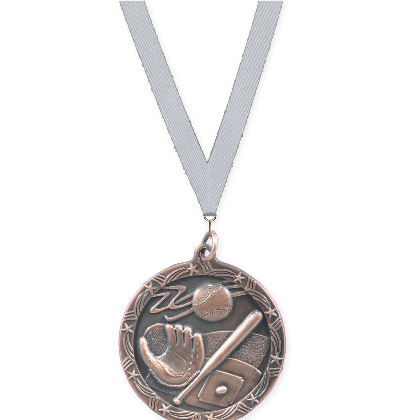 1 3/4 inch baseball and softball Shooting Star medal in antique bronze with Silver Metallic neck ribbon