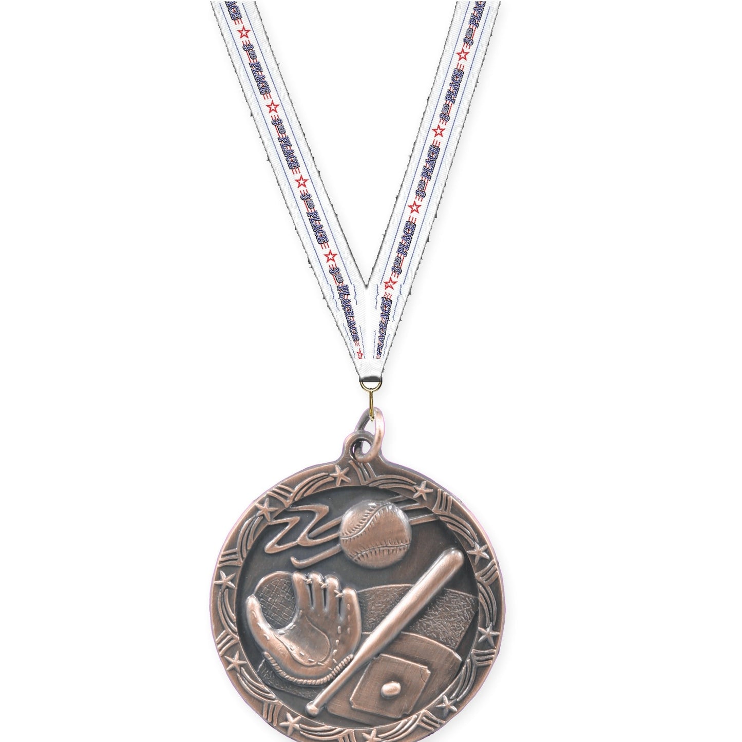 1 3/4 inch baseball and softball Shooting Star medal in antique bronze with 3rd Place neck ribbon