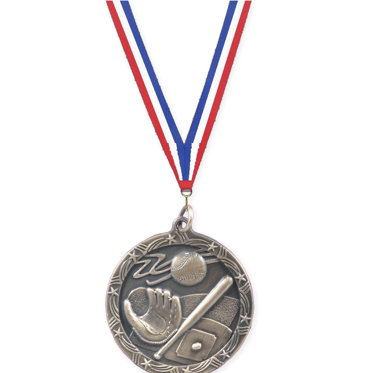 1 3/4 inch baseball and softball Shooting Star medal in antique gold with Red White Blue neck ribbon