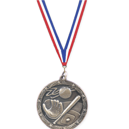 1 3/4 inch baseball and softball Shooting Star medal in antique gold with Red White Blue neck ribbon