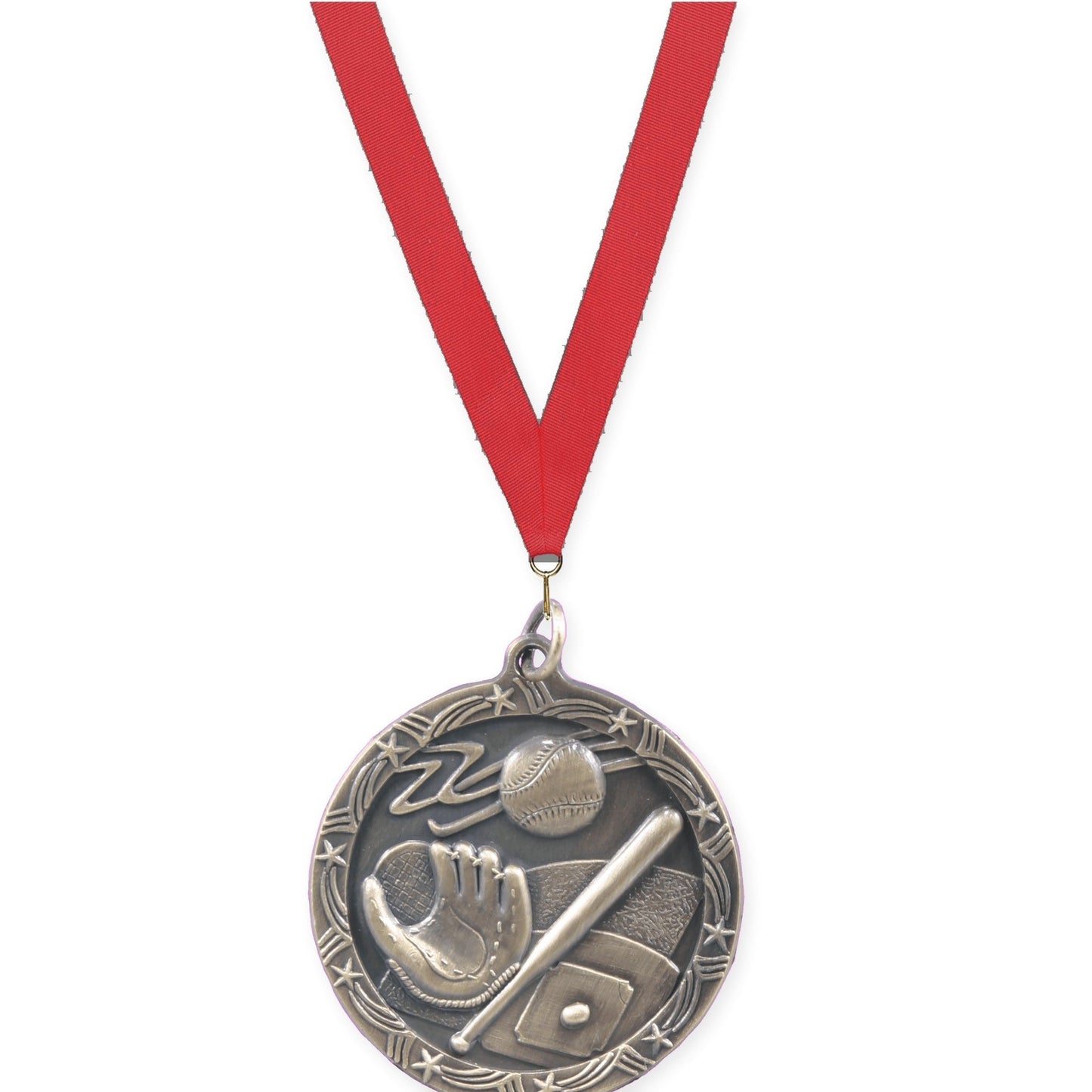 1 3/4 inch baseball and softball Shooting Star medal in antique gold with Red neck ribbon