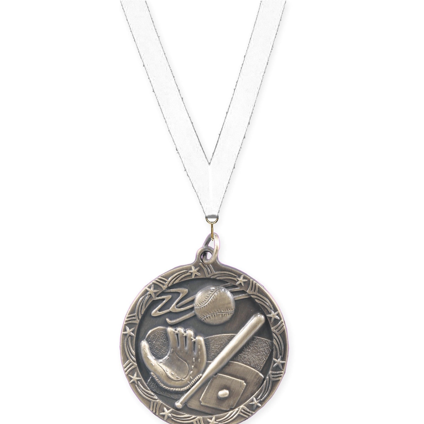 1 3/4 inch baseball and softball Shooting Star medal in antique gold with White neck ribbon