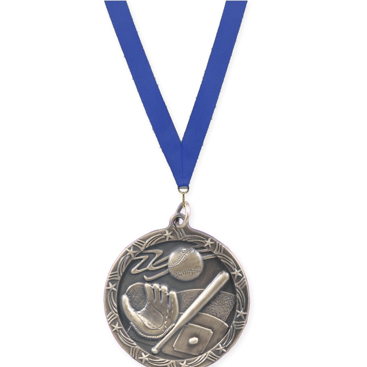 1 3/4 inch baseball and softball Shooting Star medal in antique gold with Blue neck ribbon