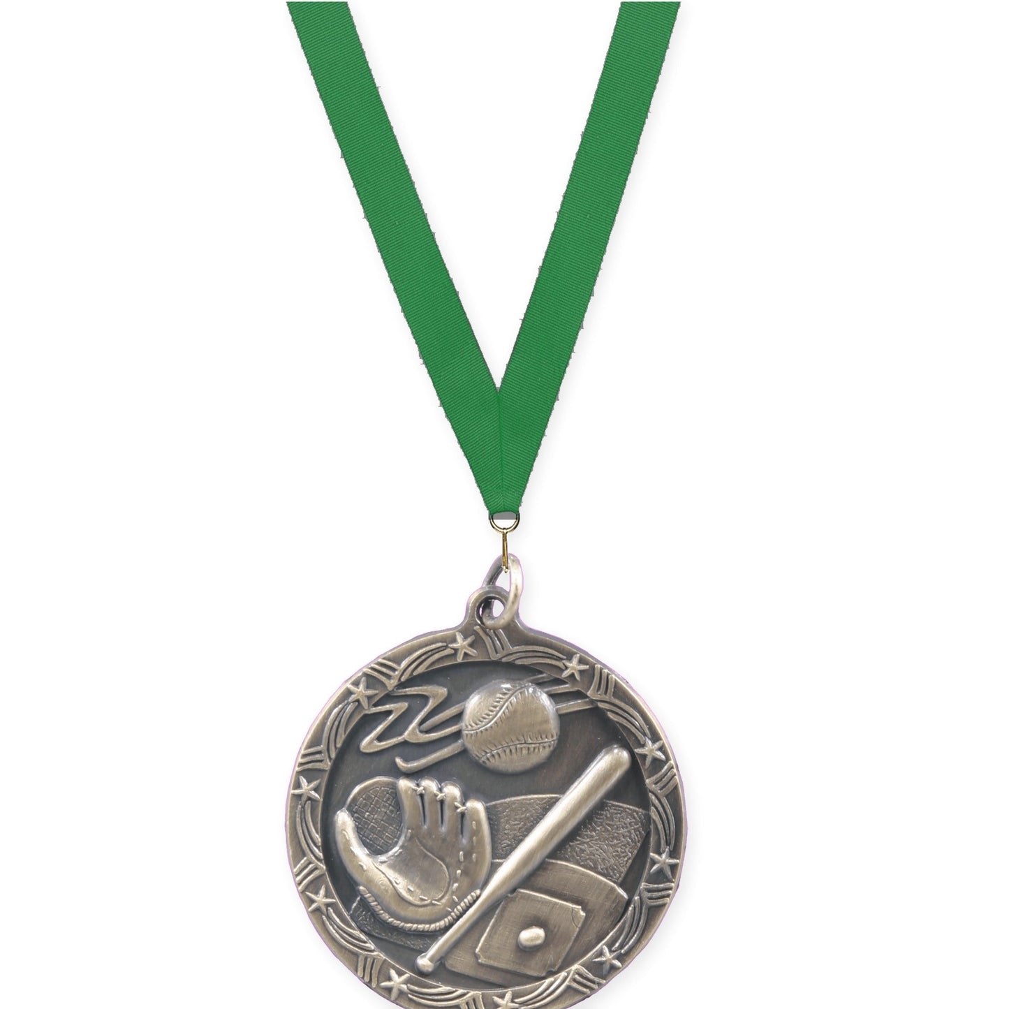 1 3/4 inch baseball and softball Shooting Star medal in antique gold with Green neck ribbon