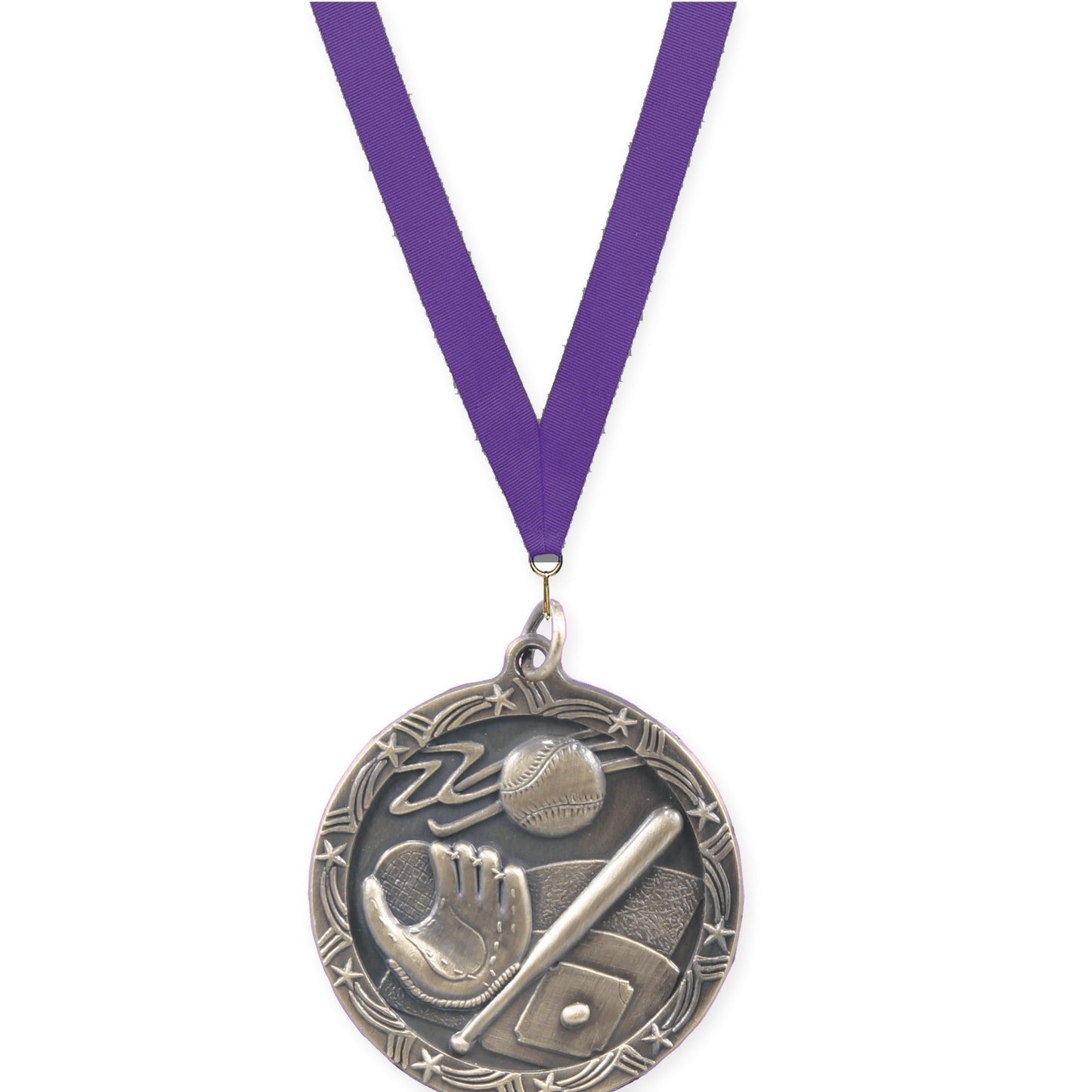 1 3/4 inch baseball and softball Shooting Star medal in antique gold with Purple neck ribbon