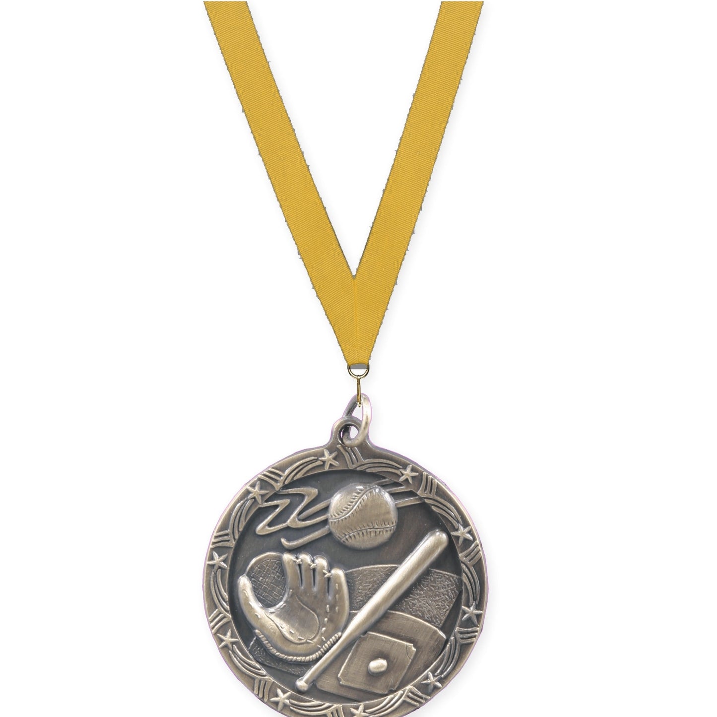 1 3/4 inch baseball and softball Shooting Star medal in antique gold with Gold neck ribbon