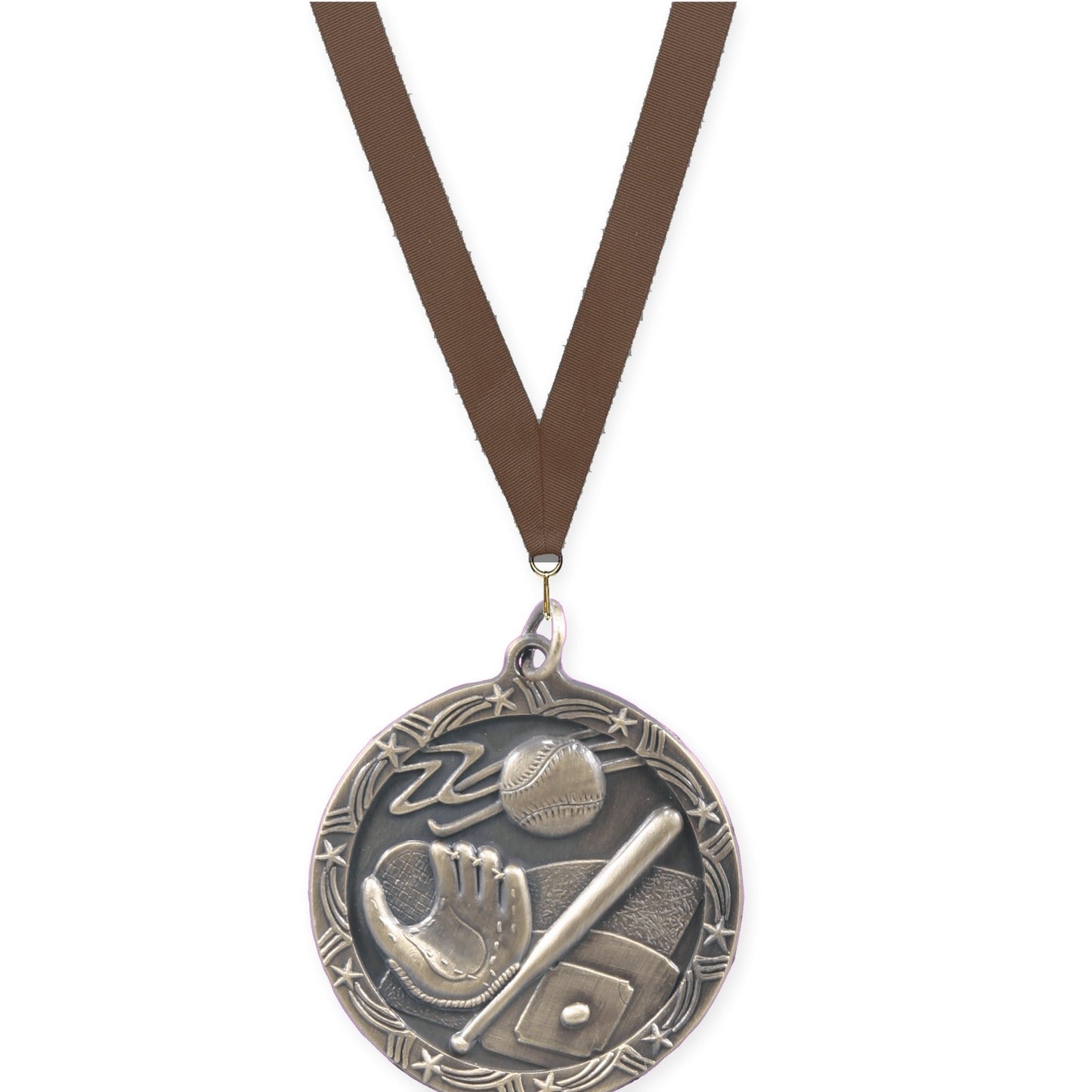 1 3/4 inch baseball and softball Shooting Star medal in antique gold with Brown neck ribbon