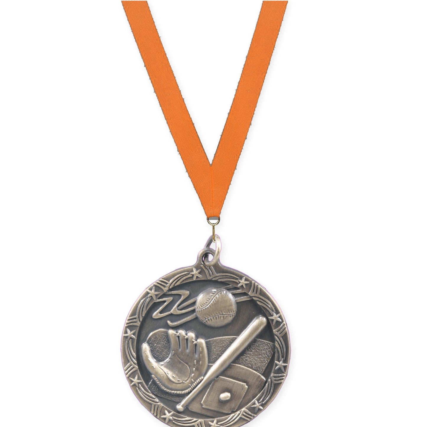 1 3/4 inch baseball and softball Shooting Star medal in antique gold with Orange neck ribbon
