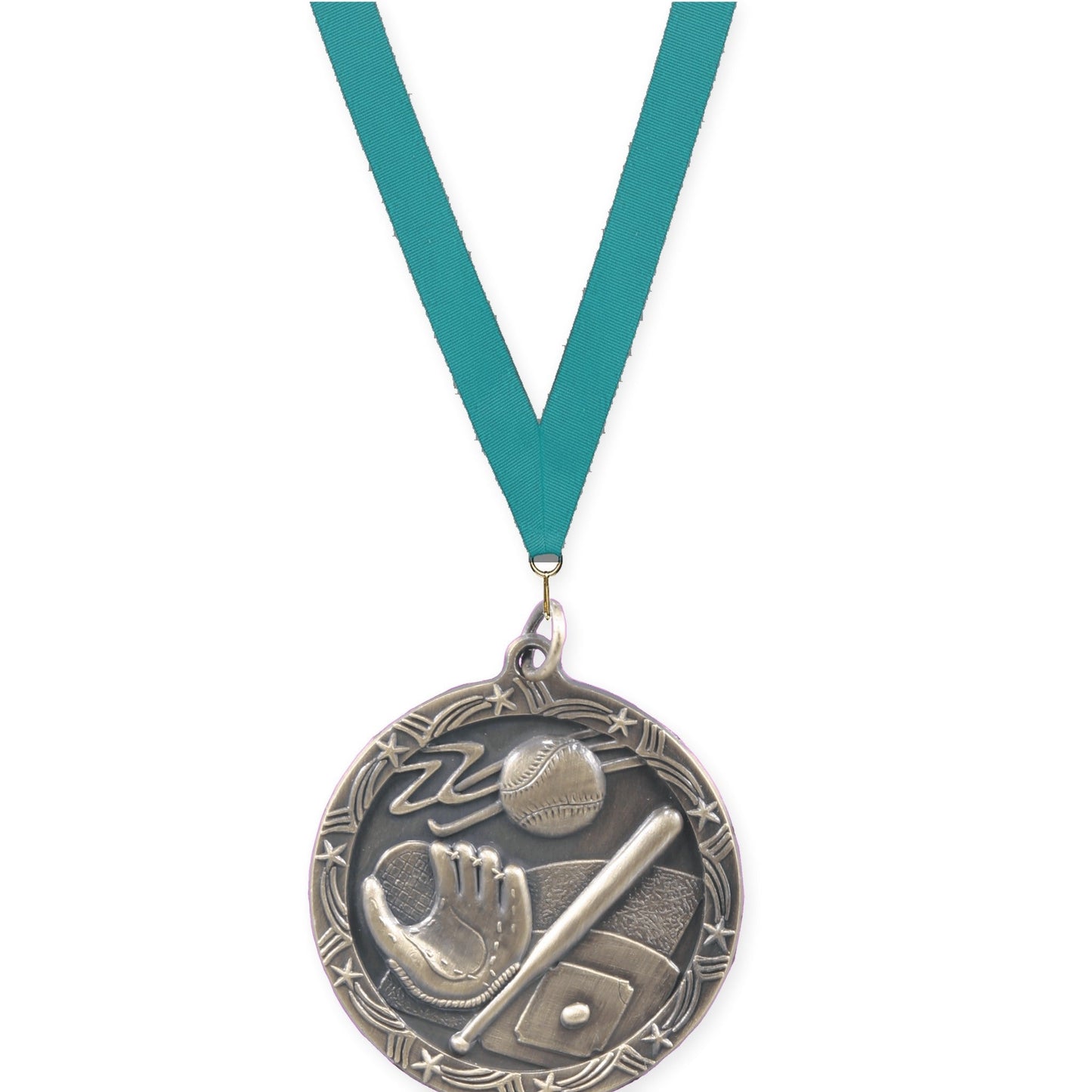 1 3/4 inch baseball and softball Shooting Star medal in antique gold with Teal neck ribbon