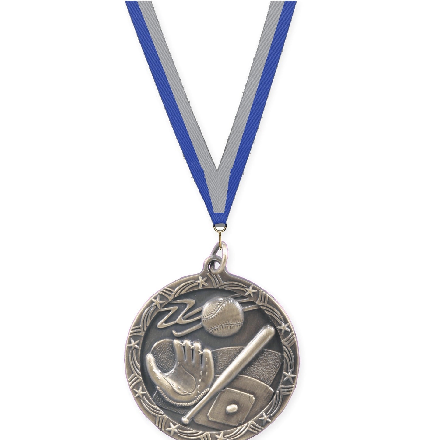 1 3/4 inch baseball and softball Shooting Star medal in antique gold with Blue Gray neck ribbon