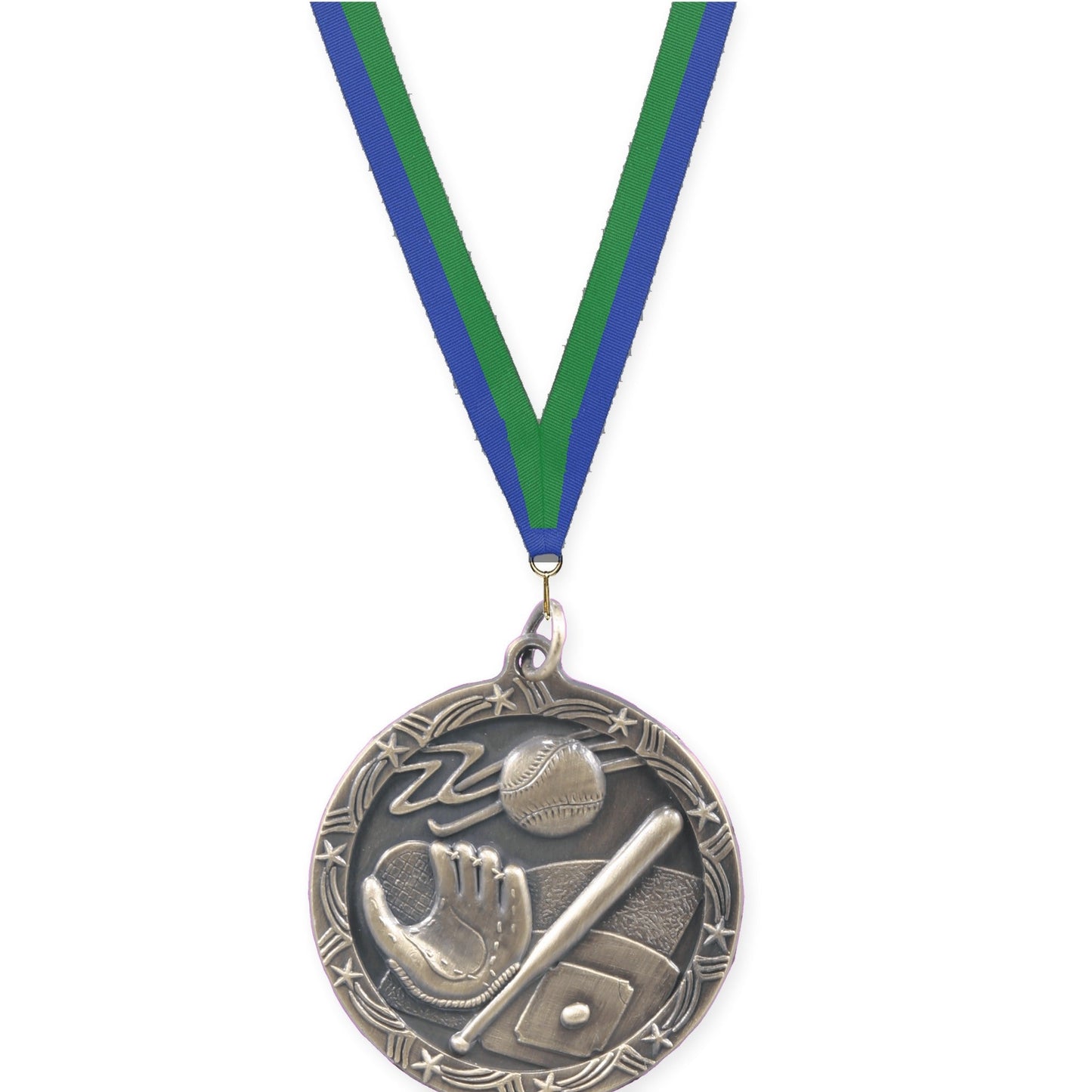 1 3/4 inch baseball and softball Shooting Star medal in antique gold with Blue Green neck ribbon