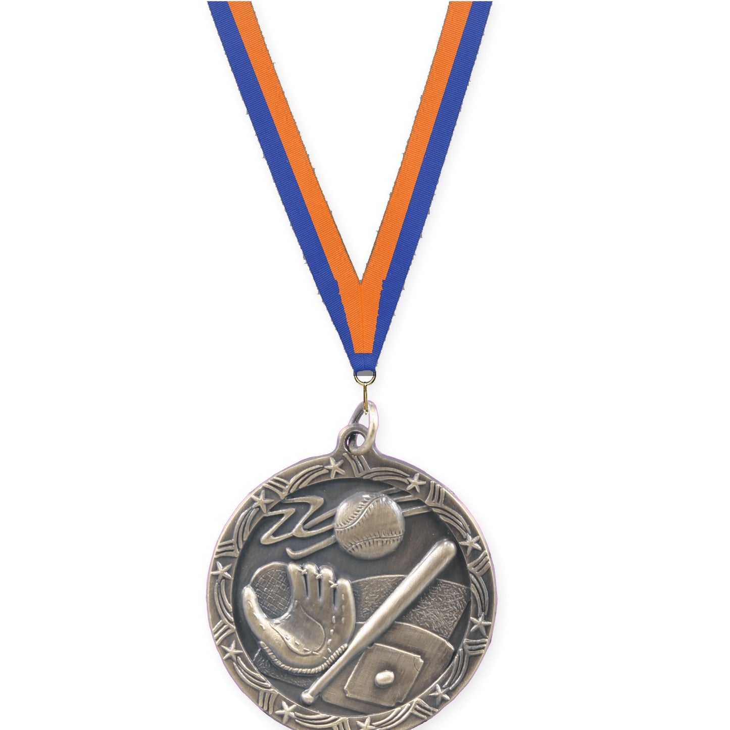 1 3/4 inch baseball and softball Shooting Star medal in antique gold with Blue Orange neck ribbon