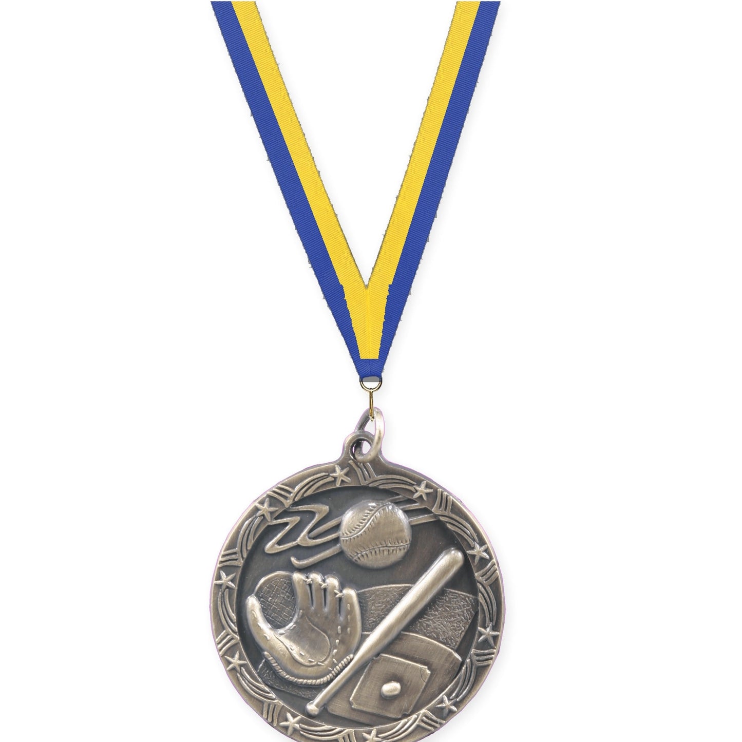 1 3/4 inch baseball and softball Shooting Star medal in antique gold with Blue Yellow neck ribbon