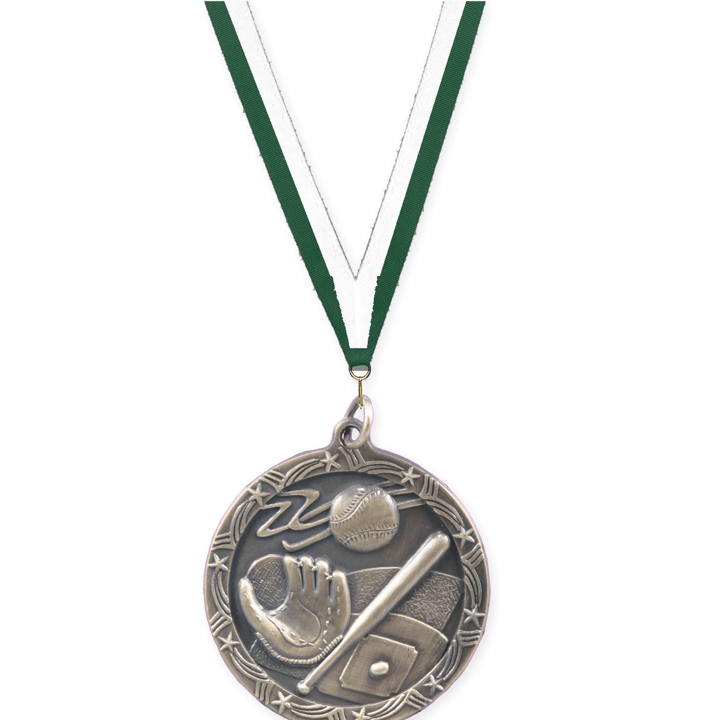 1 3/4 inch baseball and softball Shooting Star medal in antique gold with Hunter Green White neck ribbon
