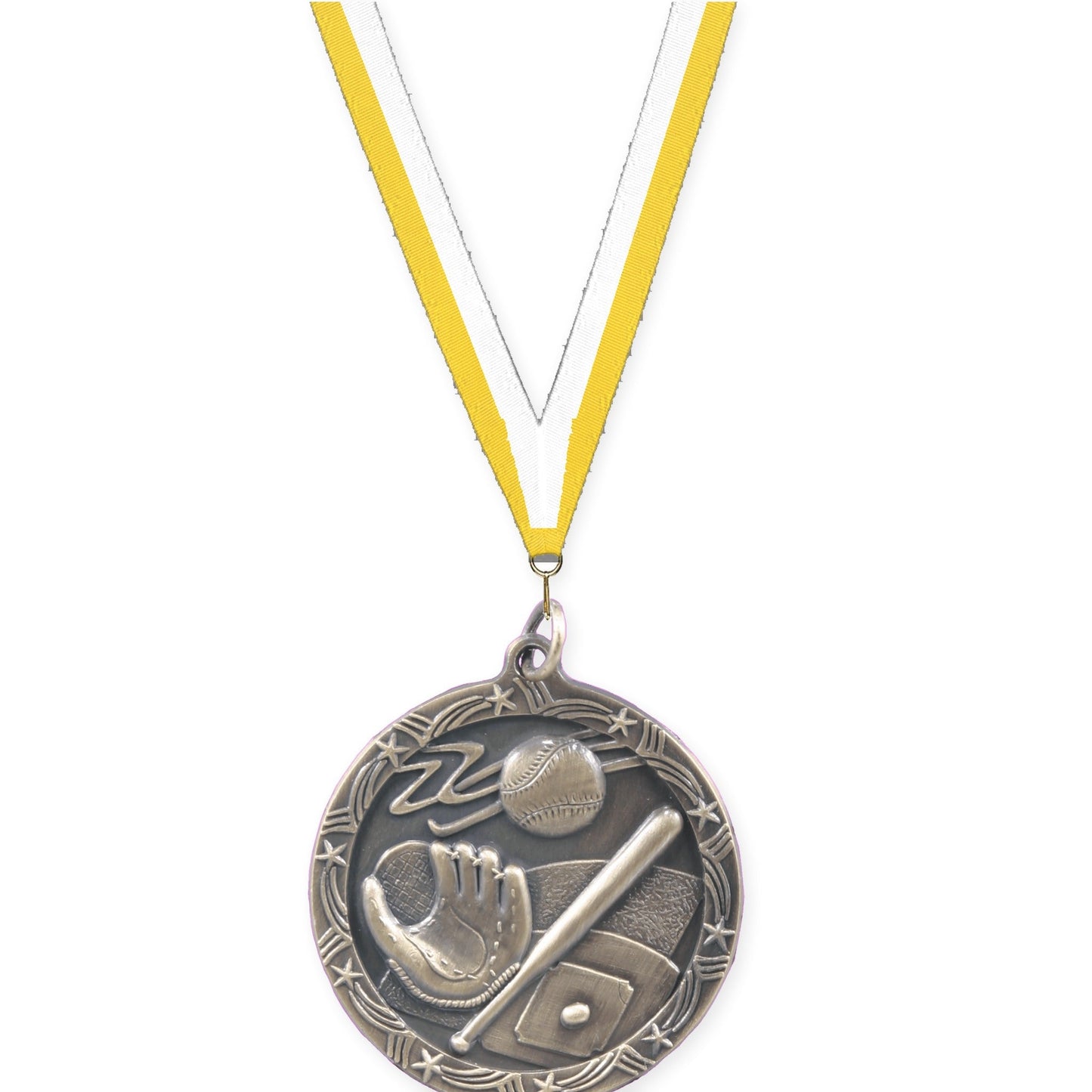 1 3/4 inch baseball and softball Shooting Star medal in antique gold with Yellow White neck ribbon