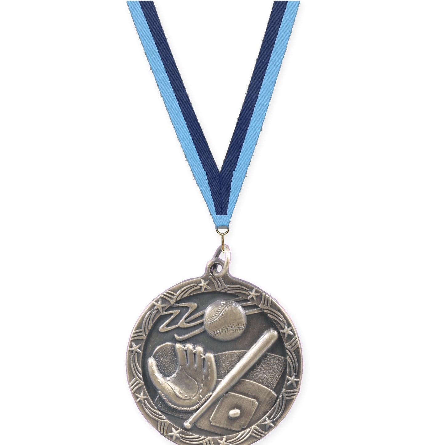 1 3/4 inch baseball and softball Shooting Star medal in antique gold with Light Blue Navy neck ribbon