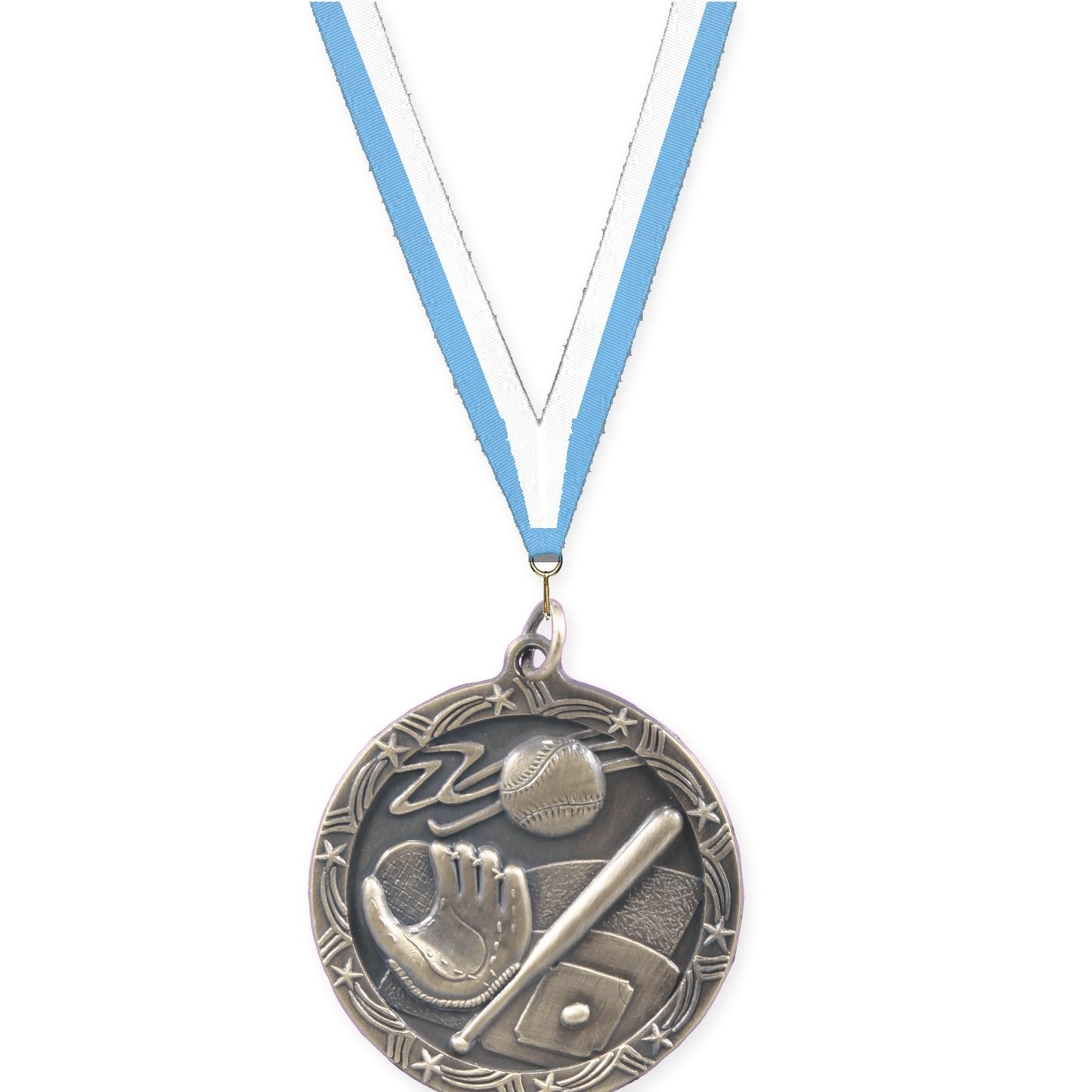 1 3/4 inch baseball and softball Shooting Star medal in antique gold with Light Blue White neck ribbon