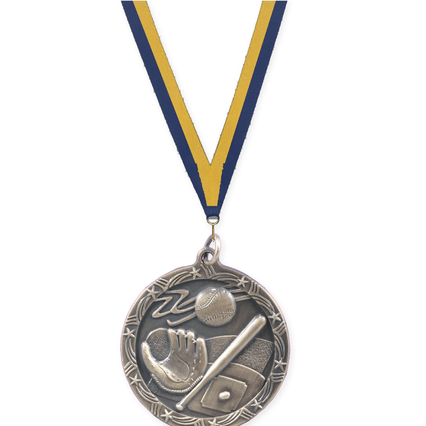 1 3/4 inch baseball and softball Shooting Star medal in antique gold with Navy Gold neck ribbon