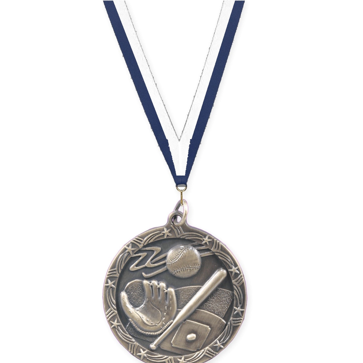 1 3/4 inch baseball and softball Shooting Star medal in antique gold with Navy White neck ribbon