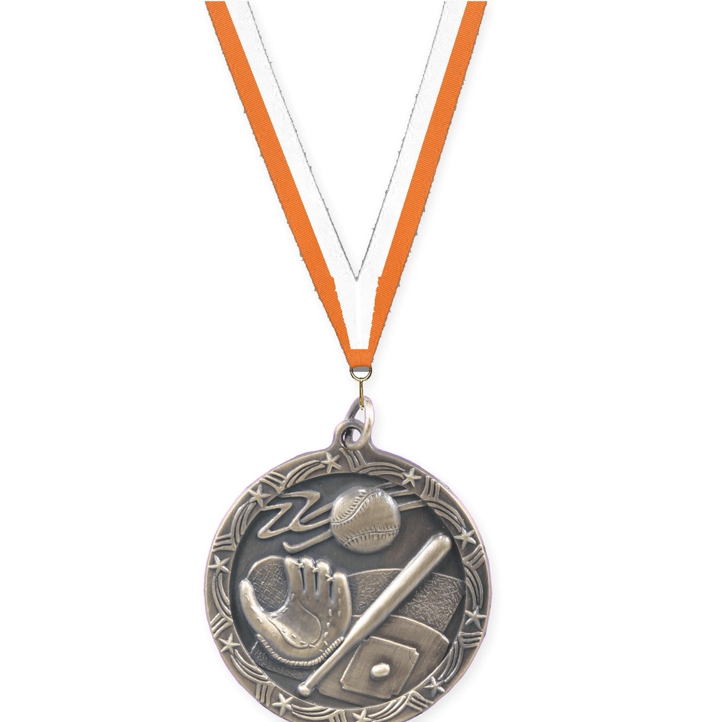 1 3/4 inch baseball and softball Shooting Star medal in antique gold with Orange White neck ribbon