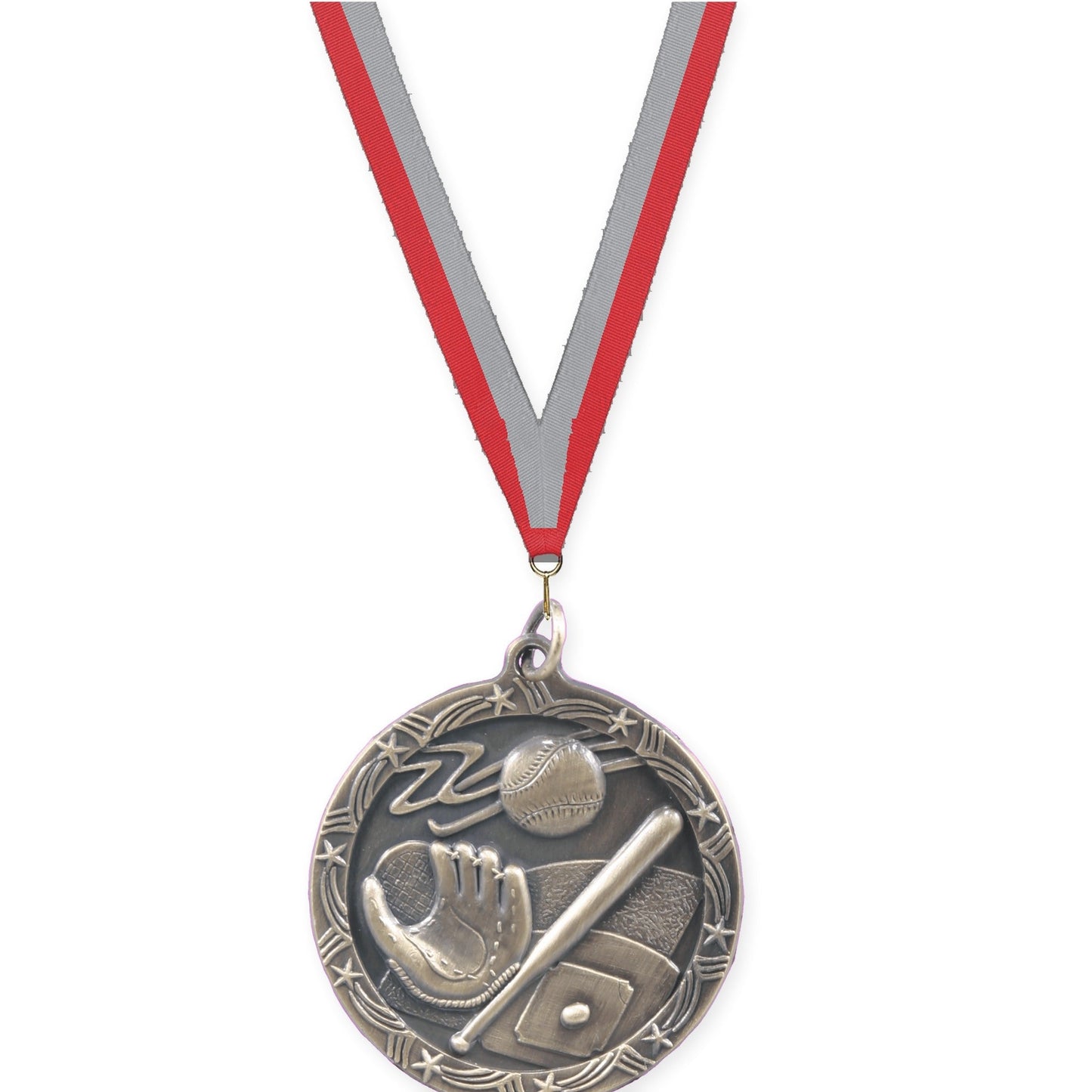 1 3/4 inch baseball and softball Shooting Star medal in antique gold with Red Gray neck ribbon