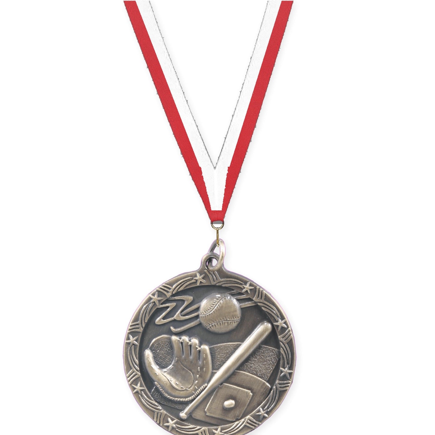 1 3/4 inch baseball and softball Shooting Star medal in antique gold with Red White neck ribbon