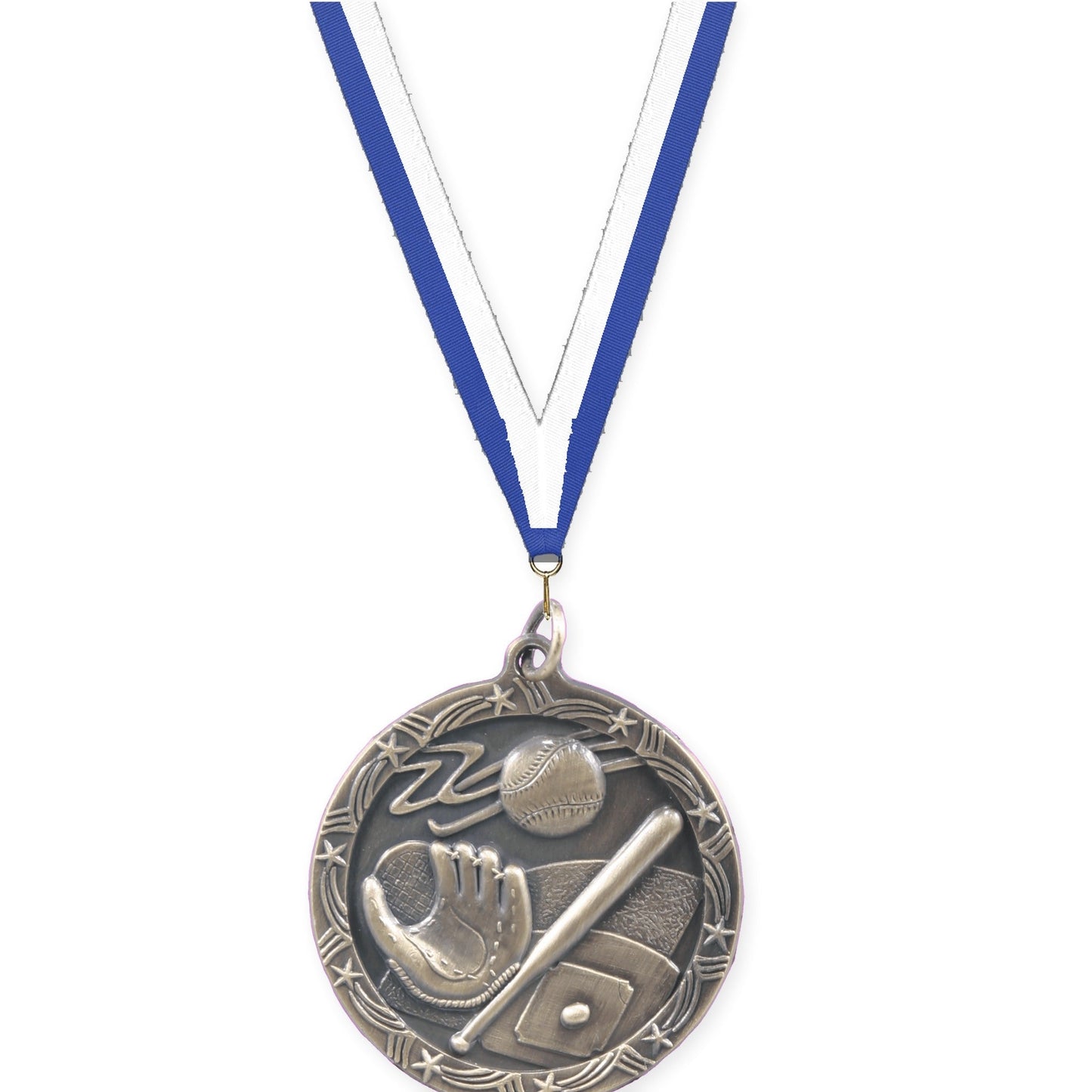 1 3/4 inch baseball and softball Shooting Star medal in antique gold with Blue White neck ribbon