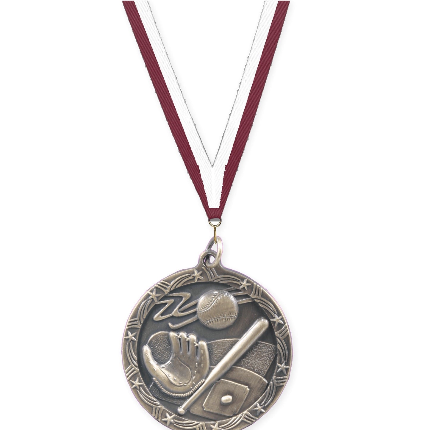 1 3/4 inch baseball and softball Shooting Star medal in antique gold with Maroon White neck ribbon