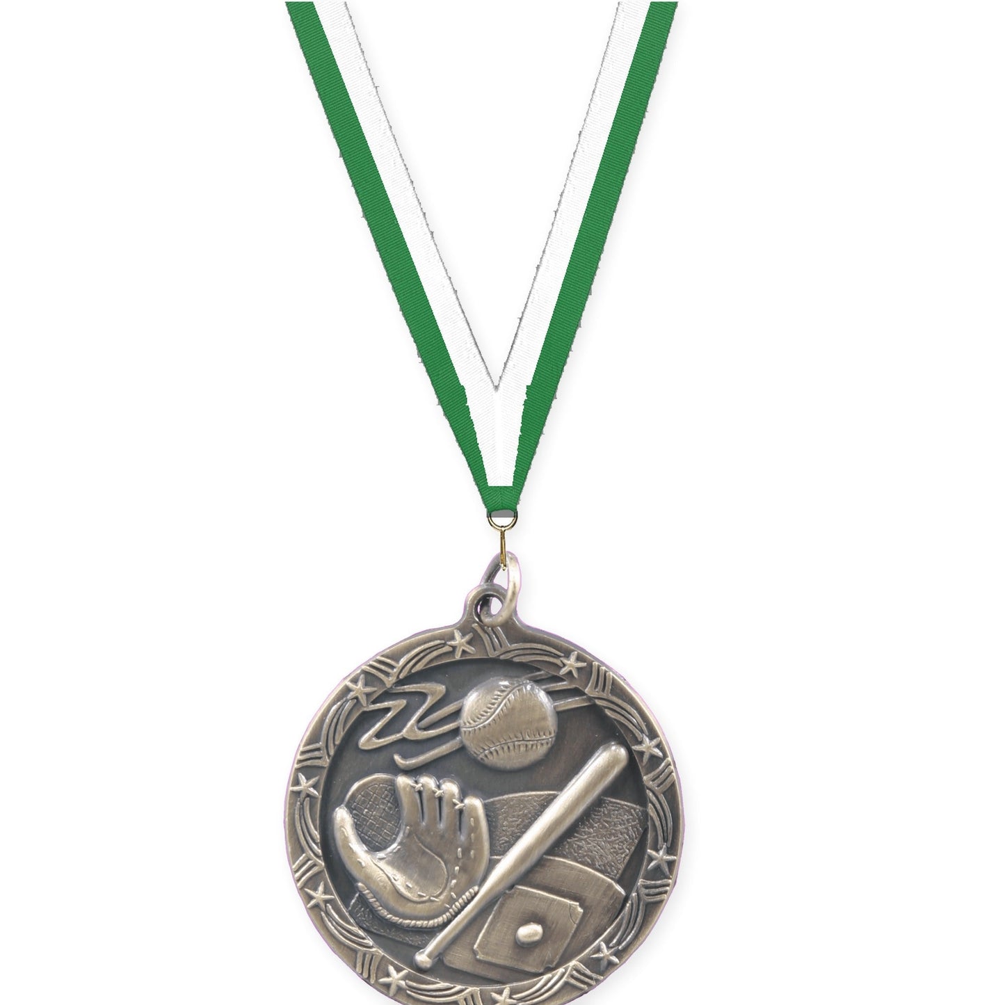 1 3/4 inch baseball and softball Shooting Star medal in antique gold with Green White neck ribbon