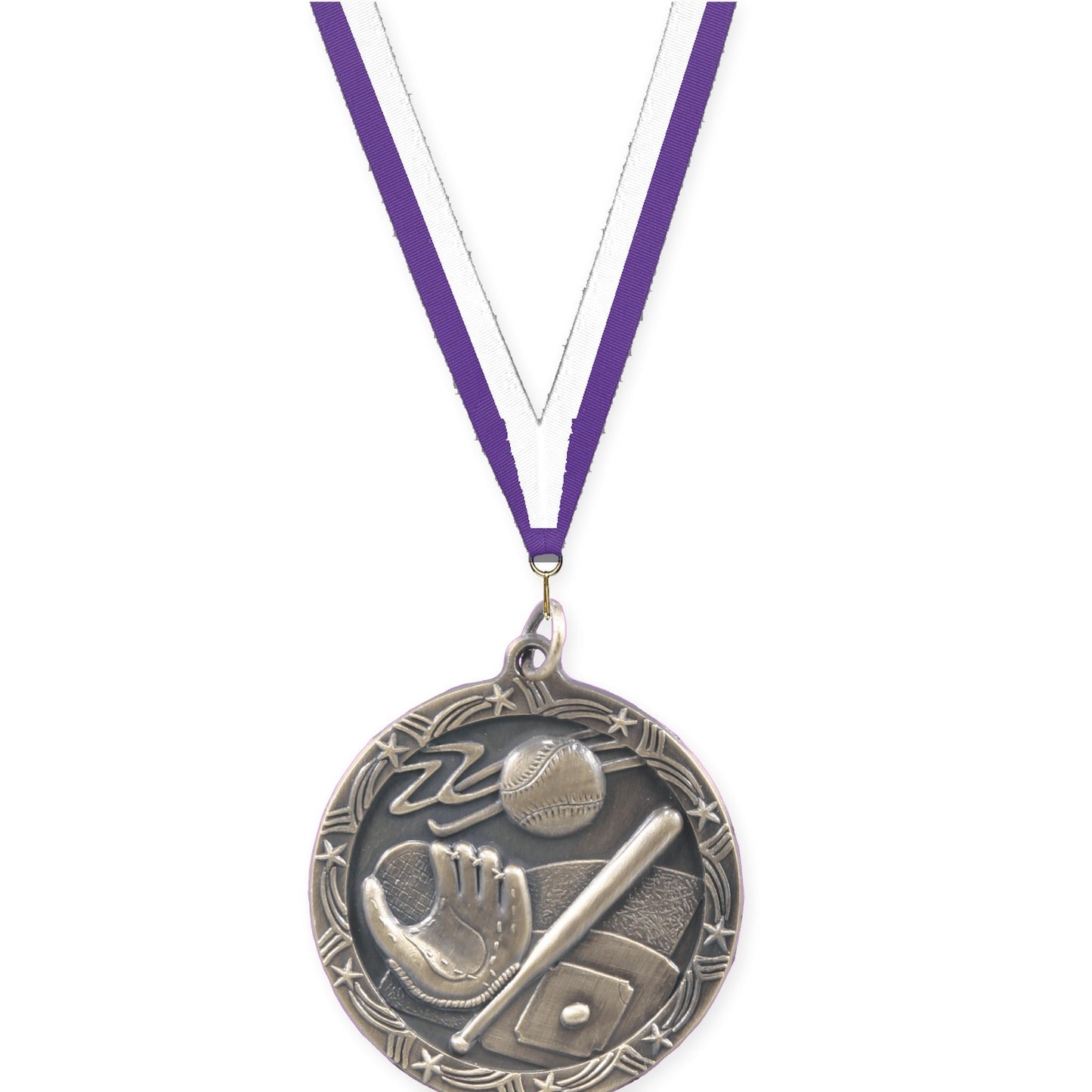 1 3/4 inch baseball and softball Shooting Star medal in antique gold with Purple White neck ribbon