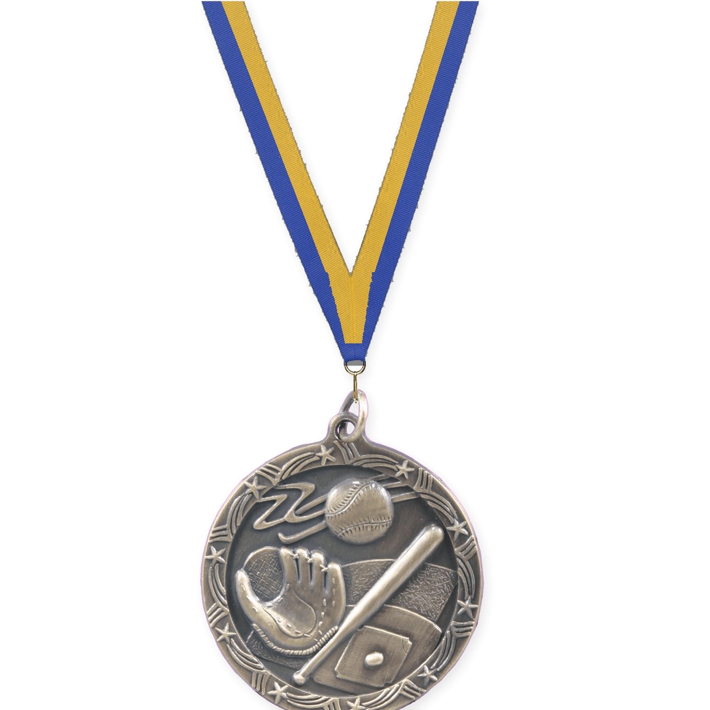 1 3/4 inch baseball and softball Shooting Star medal in antique gold with Blue Gold neck ribbon