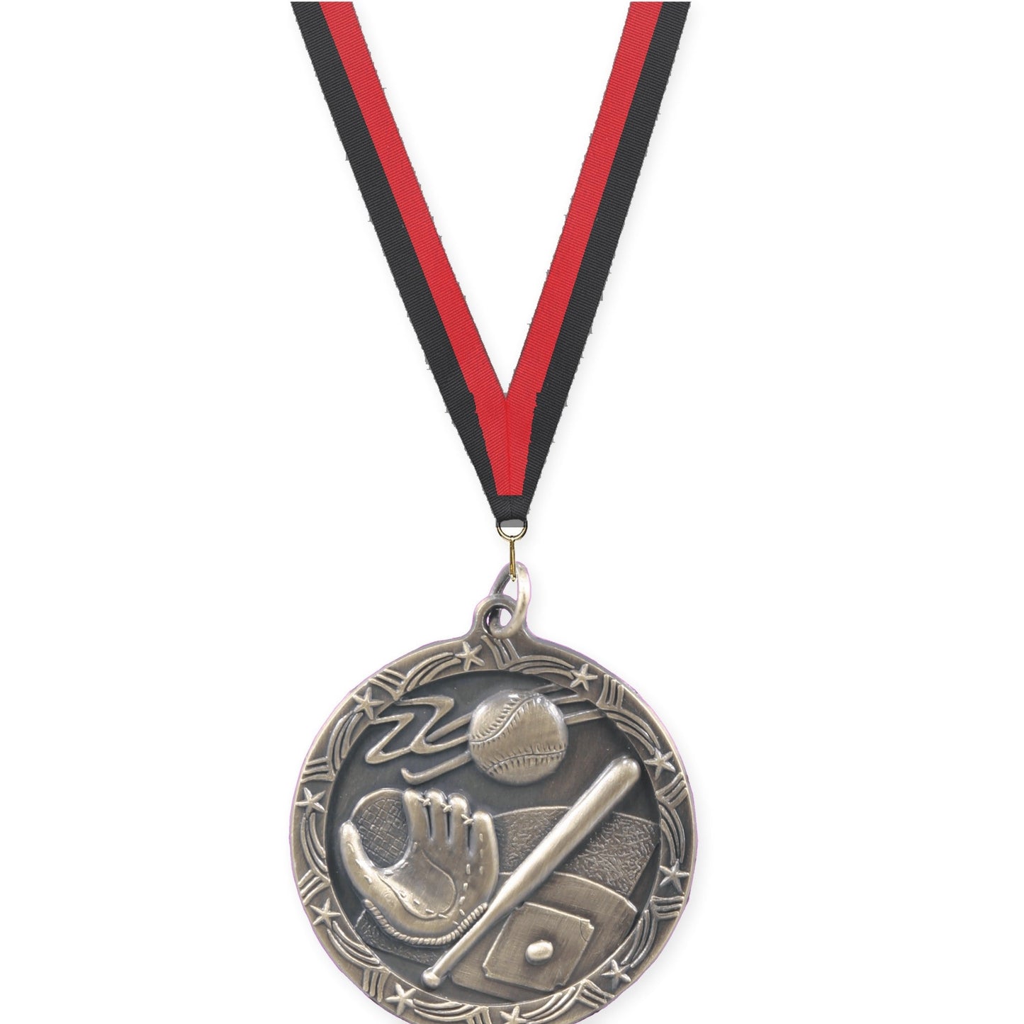 1 3/4 inch baseball and softball Shooting Star medal in antique gold with Black Red neck ribbon