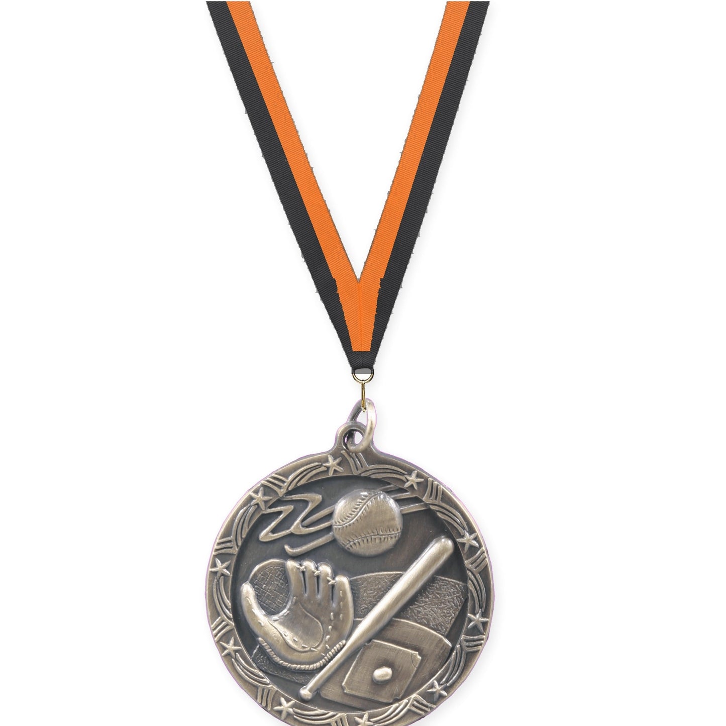 1 3/4 inch baseball and softball Shooting Star medal in antique gold with Black Orange neck ribbon