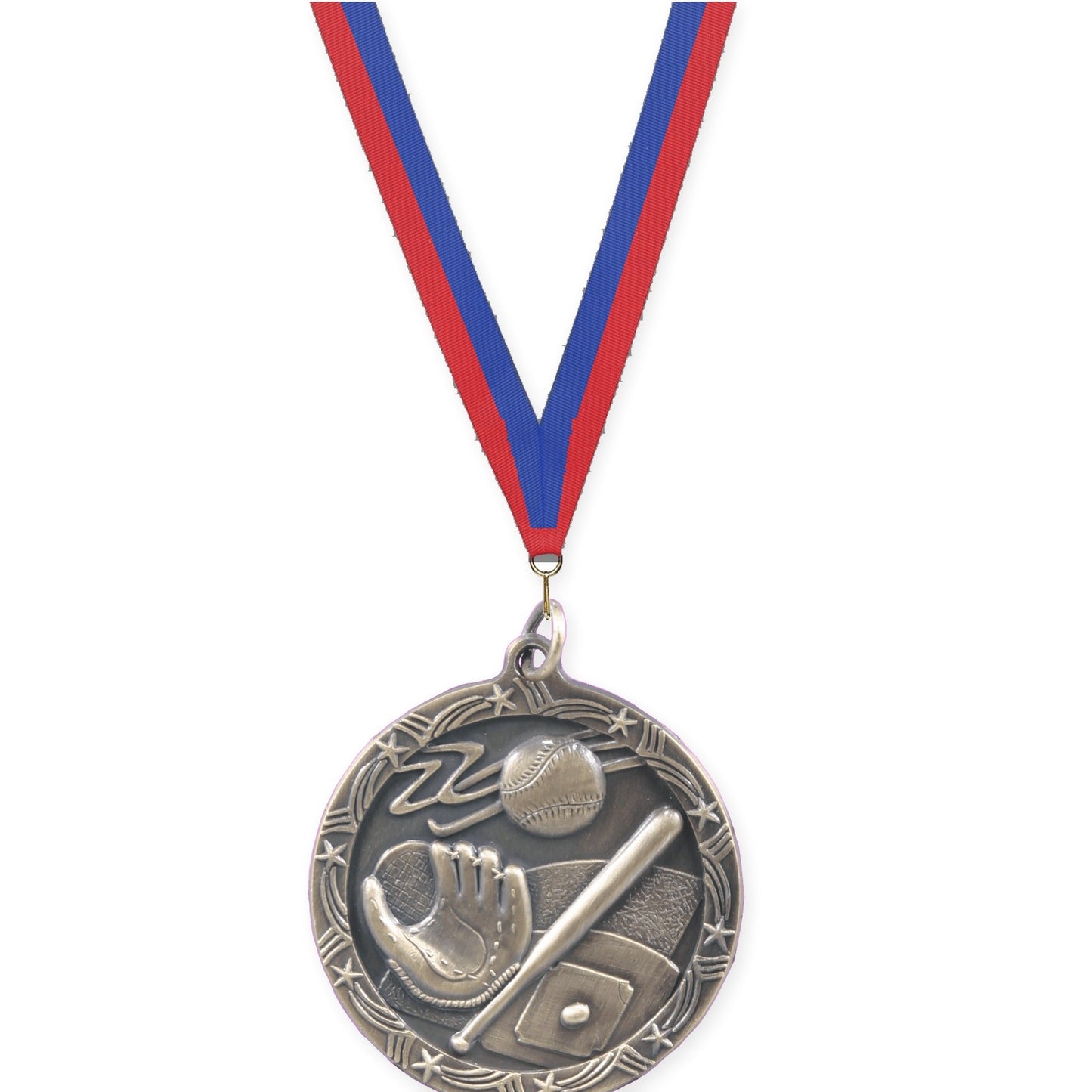 1 3/4 inch baseball and softball Shooting Star medal in antique gold with Blue Red neck ribbon