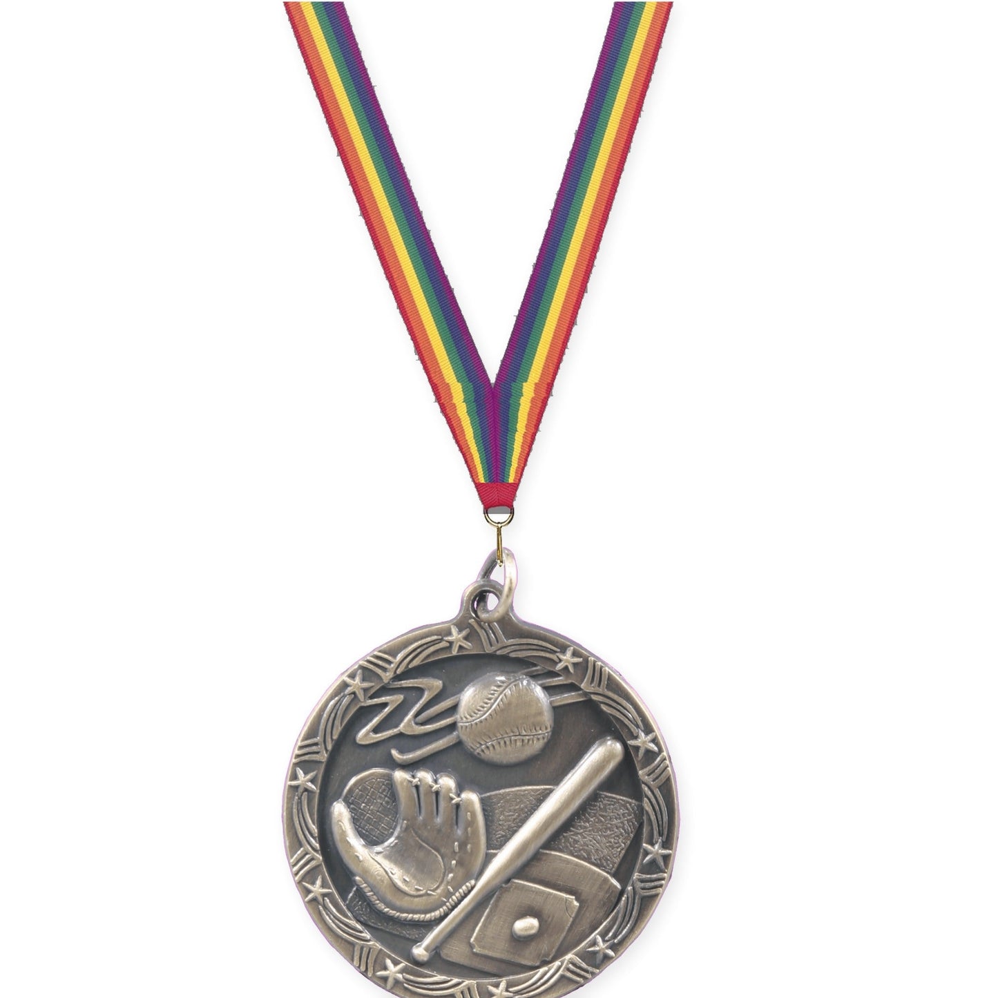 1 3/4 inch baseball and softball Shooting Star medal in antique gold with Rainbow neck ribbon