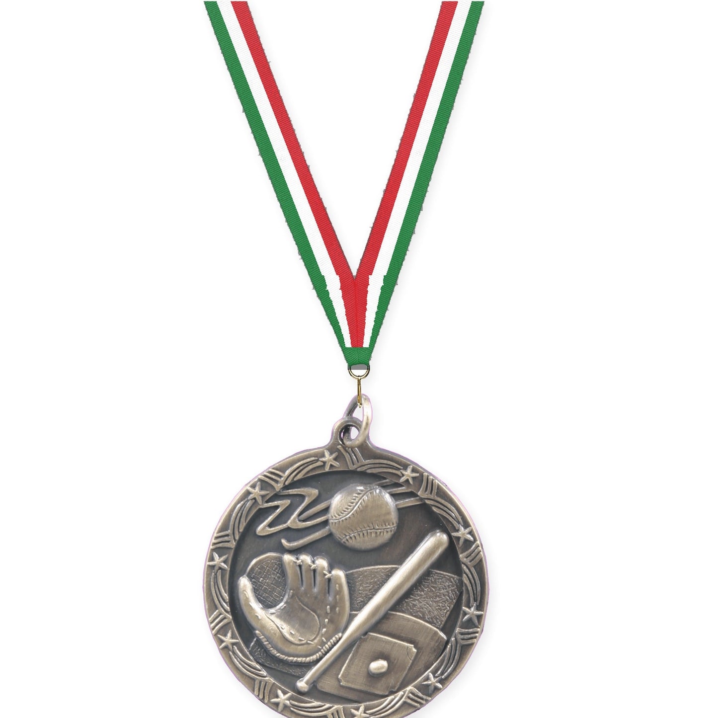 1 3/4 inch baseball and softball Shooting Star medal in antique gold with Green White Red neck ribbon