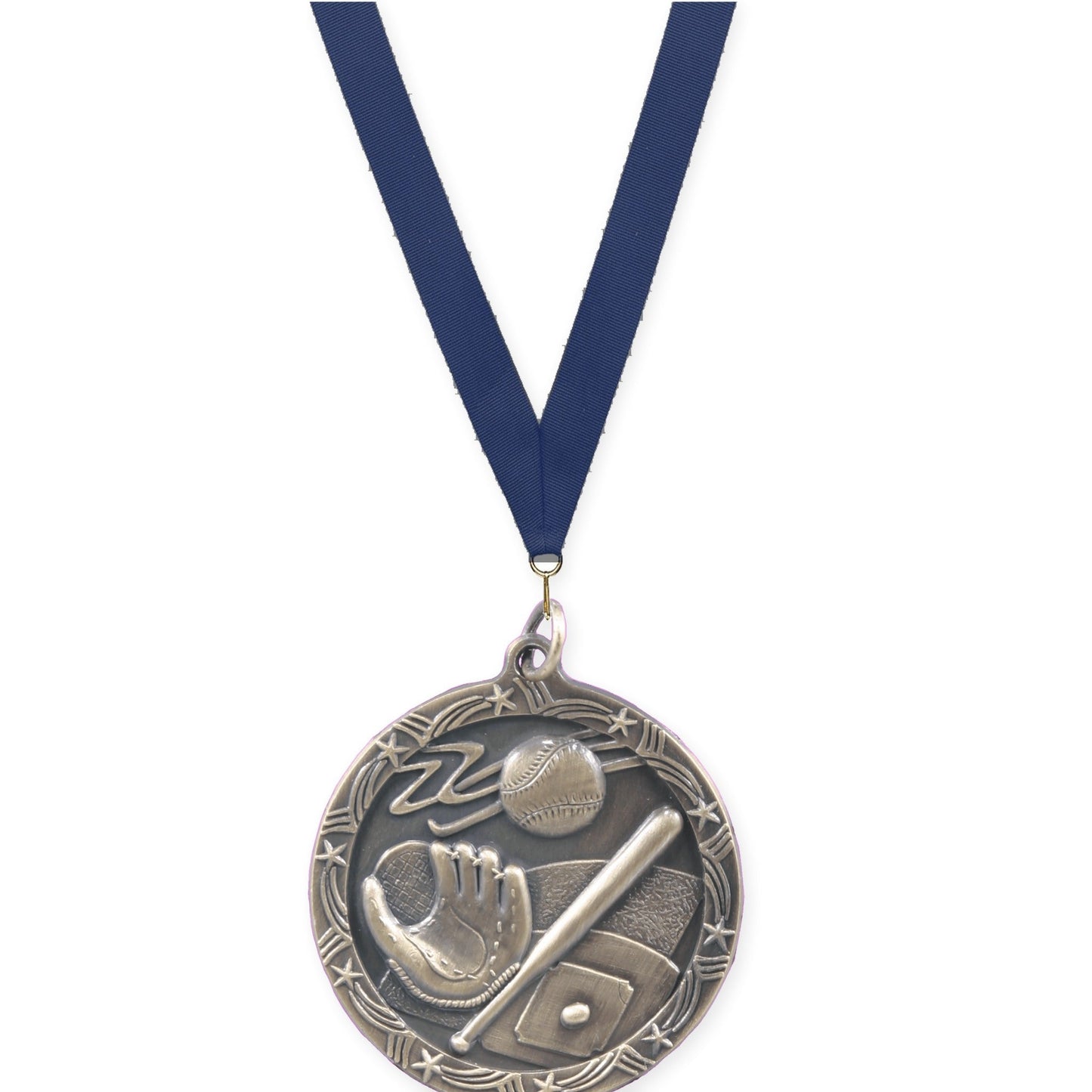 1 3/4 inch baseball and softball Shooting Star medal in antique gold with Navy neck ribbon