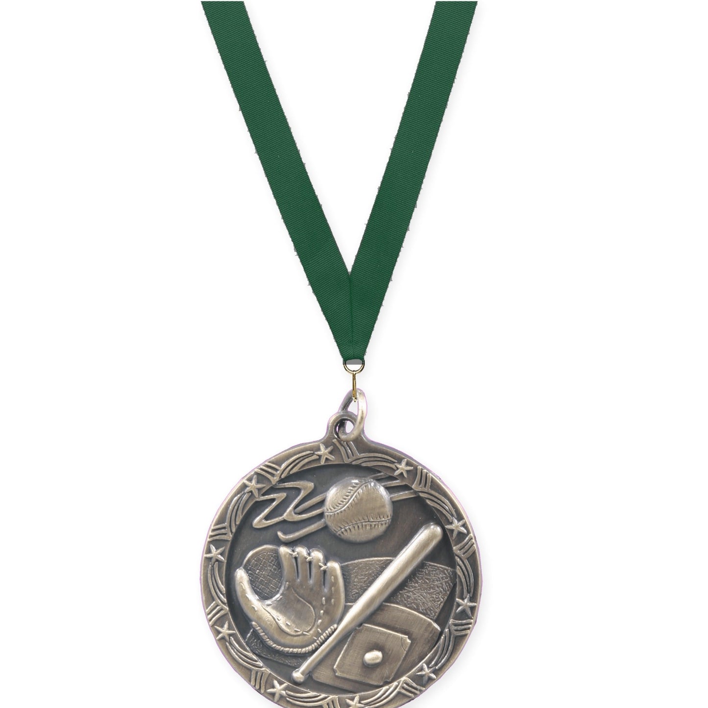 1 3/4 inch baseball and softball Shooting Star medal in antique gold with Hunter Green neck ribbon