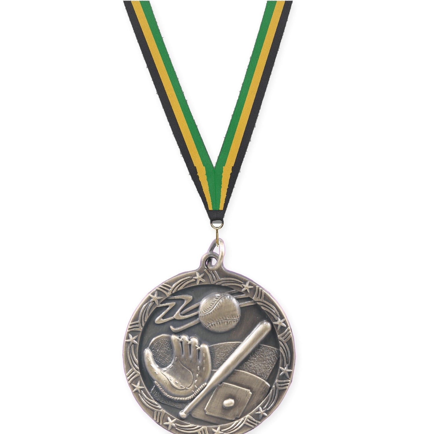 1 3/4 inch baseball and softball Shooting Star medal in antique gold with Black Gold Green neck ribbon