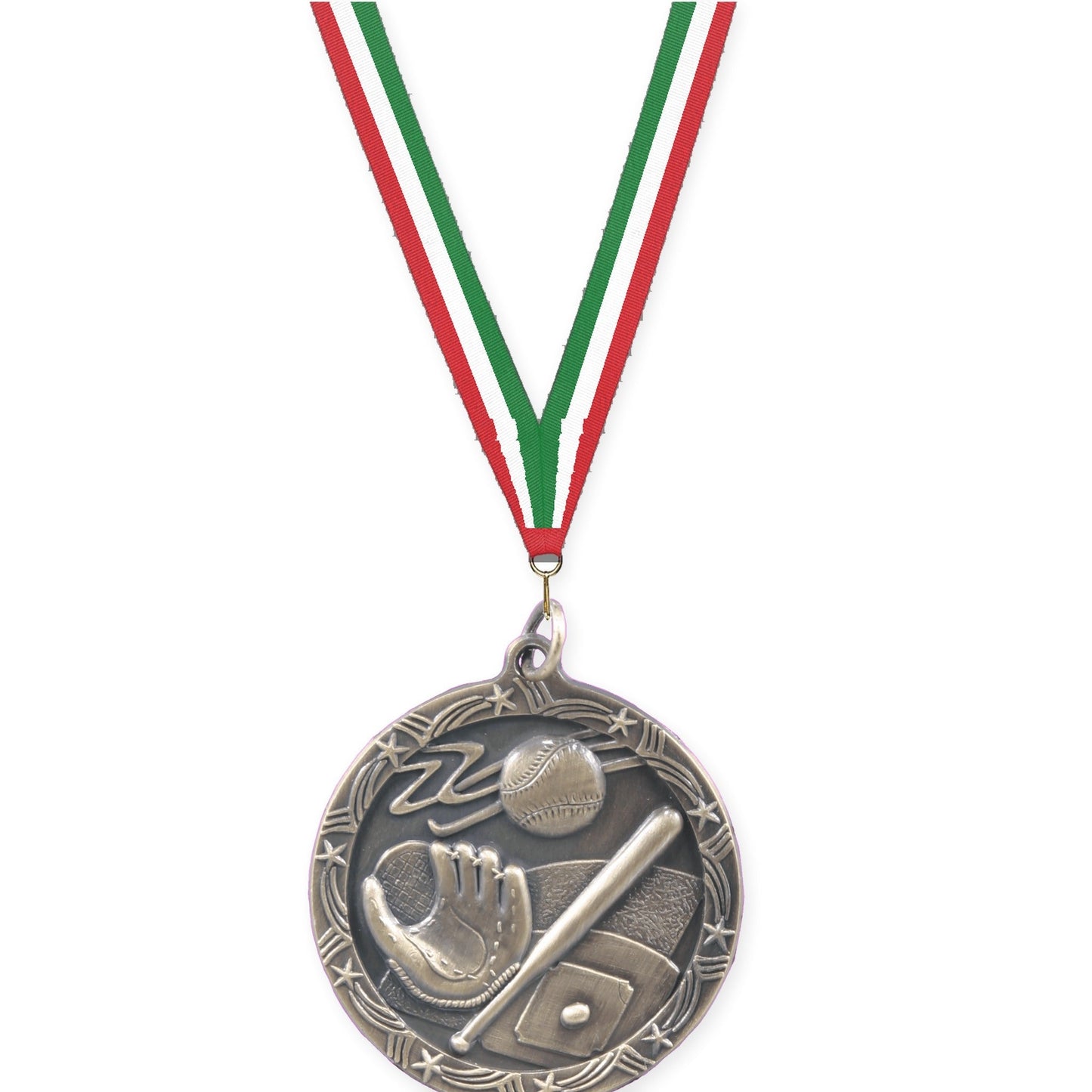 1 3/4 inch baseball and softball Shooting Star medal in antique gold with Red White Green neck ribbon
