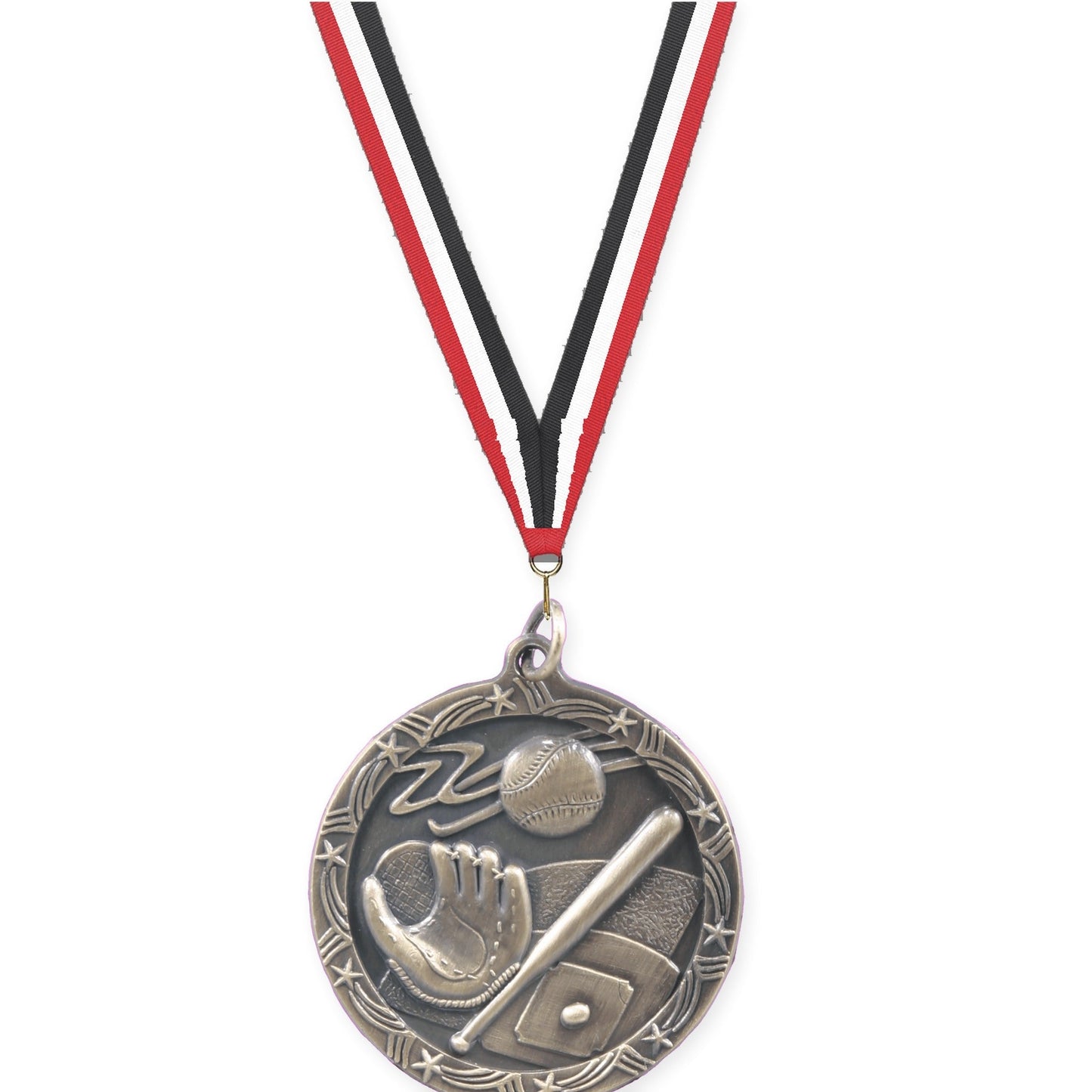 1 3/4 inch baseball and softball Shooting Star medal in antique gold with Red White Black neck ribbon