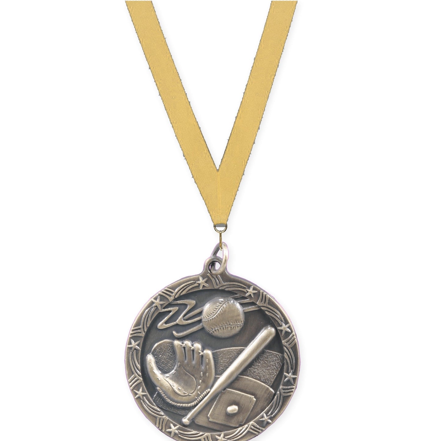1 3/4 inch baseball and softball Shooting Star medal in antique gold with Gold Metallic neck ribbon