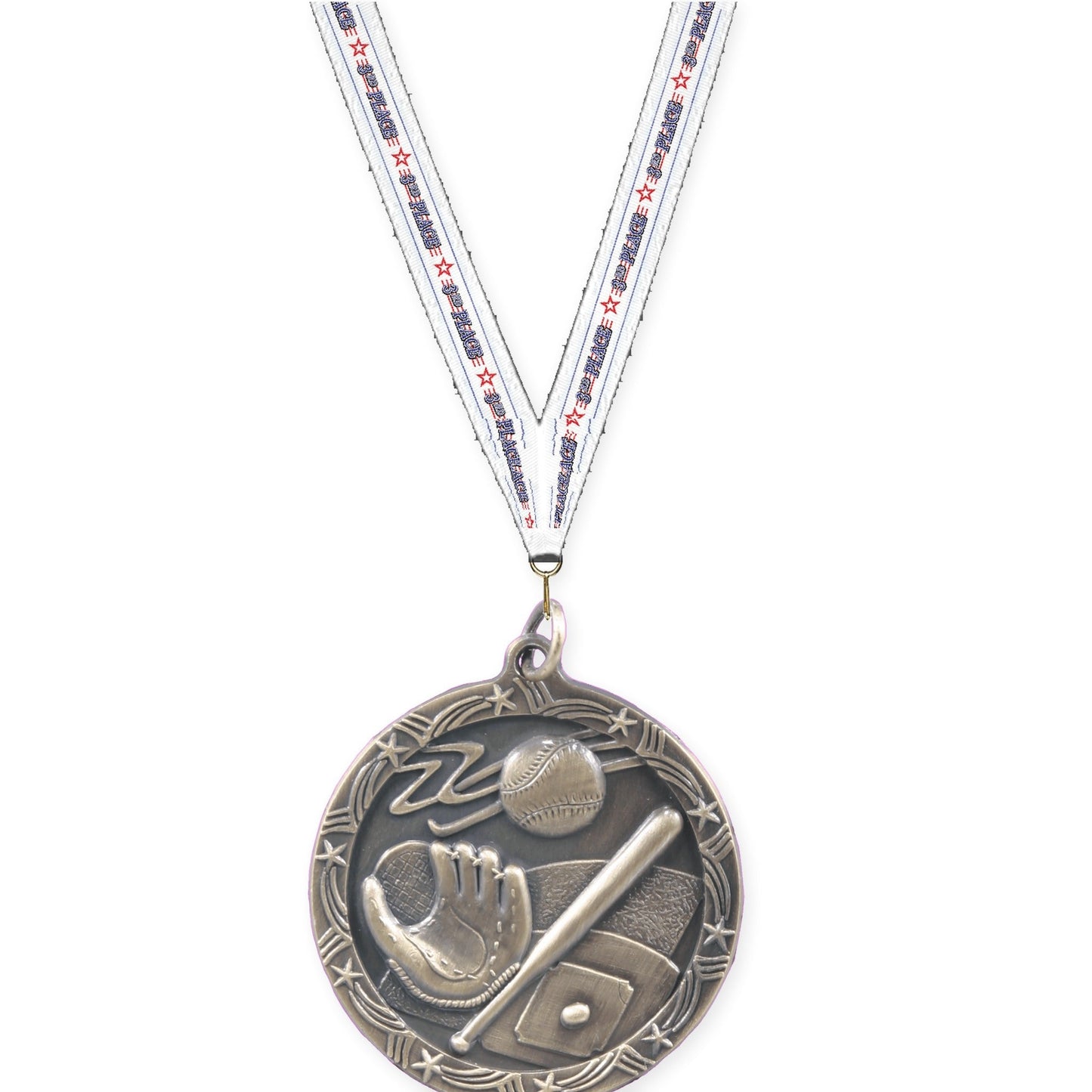 1 3/4 inch baseball and softball Shooting Star medal in antique gold with 3rd Place neck ribbon