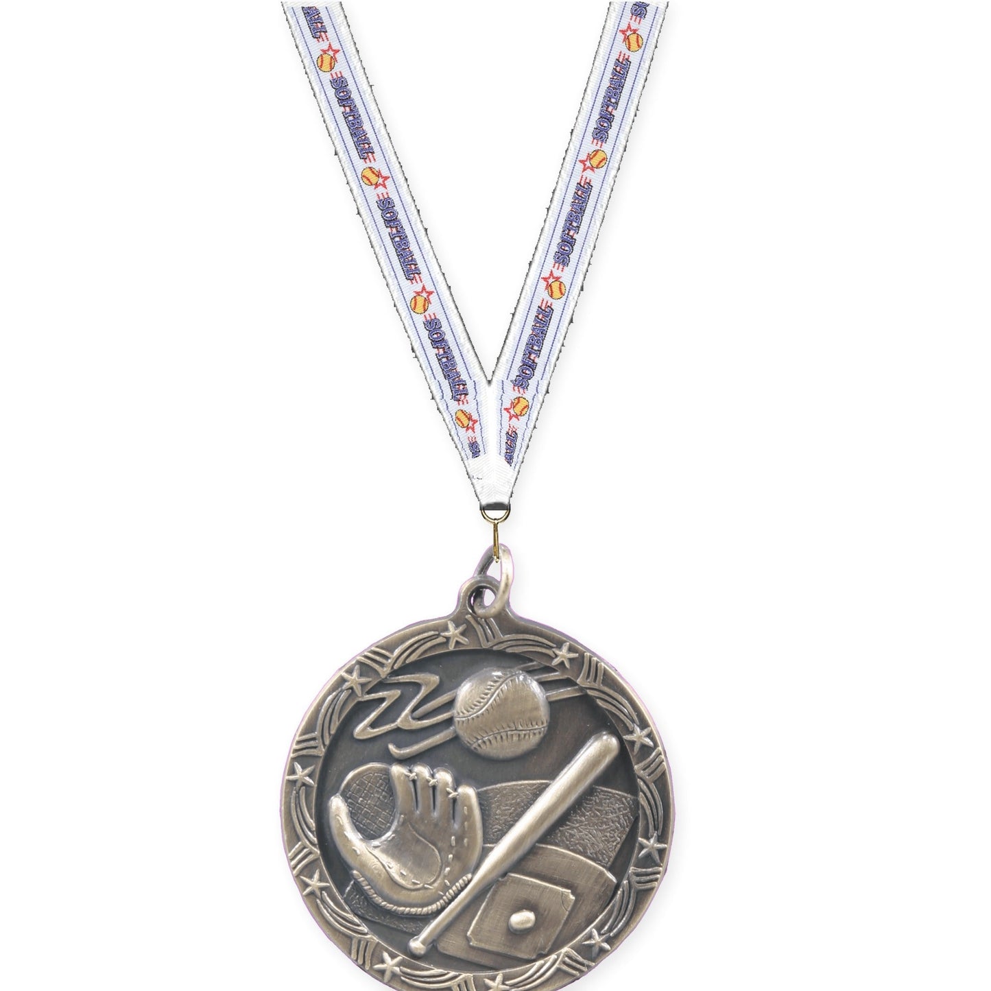 1 3/4 inch baseball and softball Shooting Star medal in antique gold with Softball neck ribbon