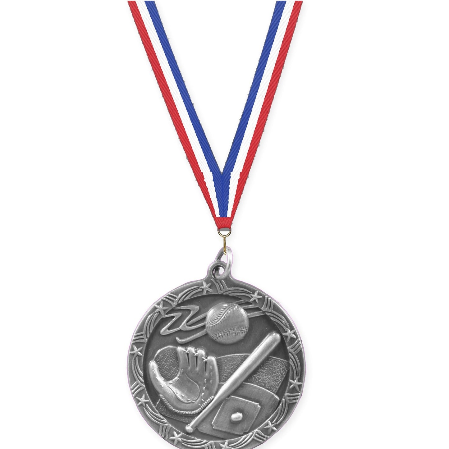 1 3/4 inch baseball and softball Shooting Star medal in antique silver with Red White Blue neck ribbon