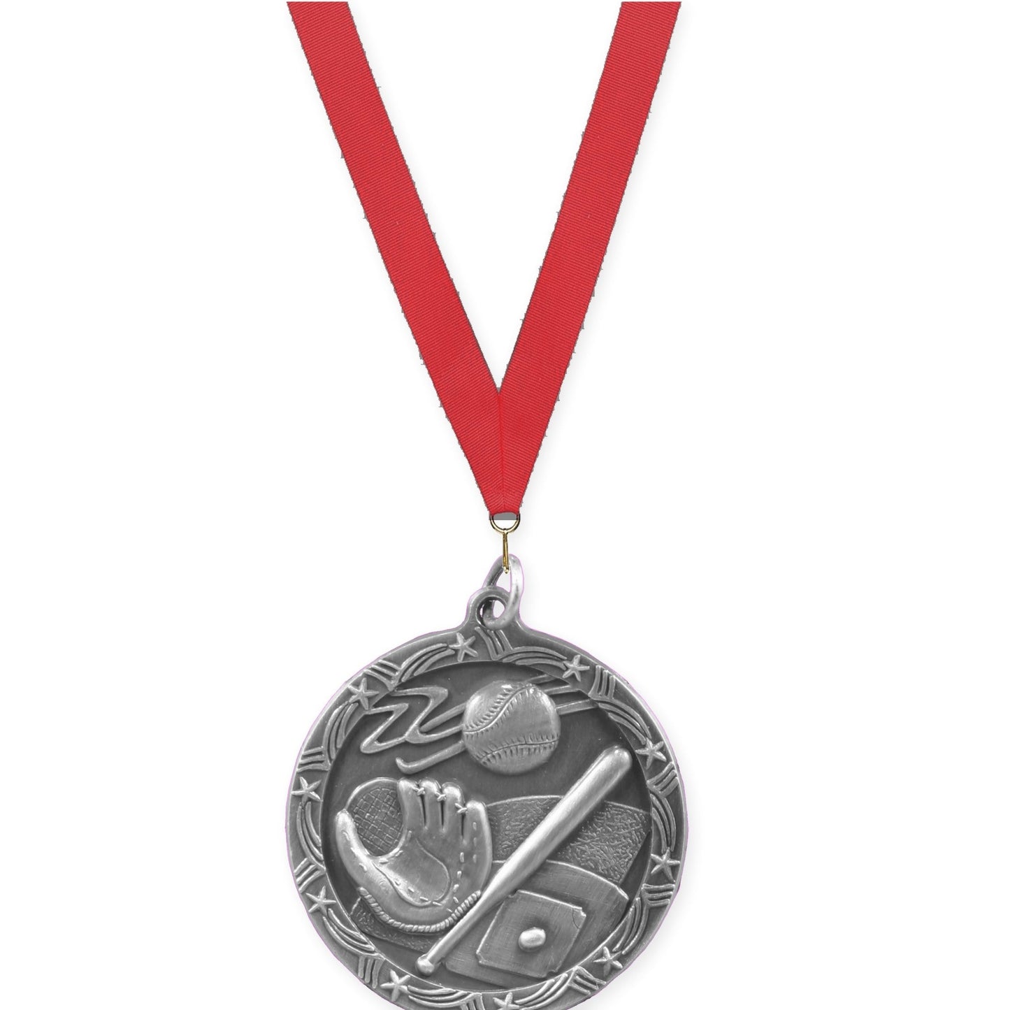 1 3/4 inch baseball and softball Shooting Star medal in antique silver with Red neck ribbon