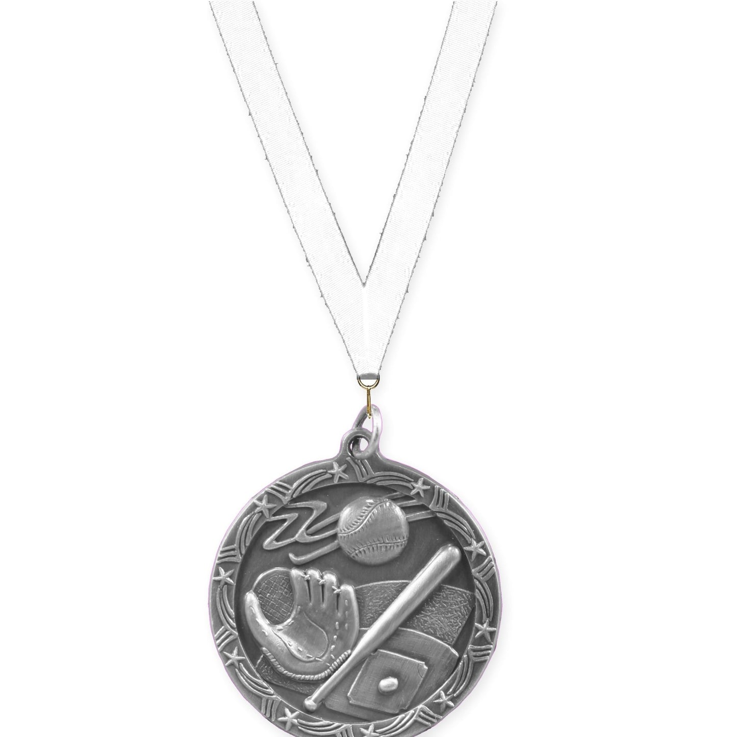 1 3/4 inch baseball and softball Shooting Star medal in antique silver with White neck ribbon