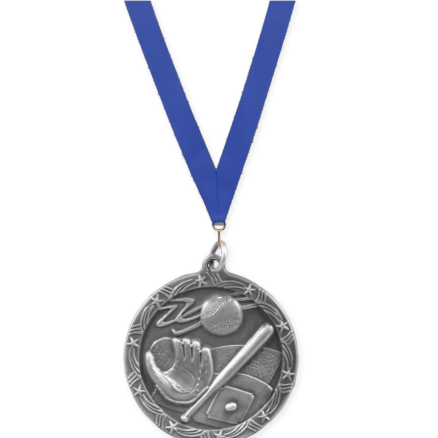 1 3/4 inch baseball and softball Shooting Star medal in antique silver with Blue neck ribbon