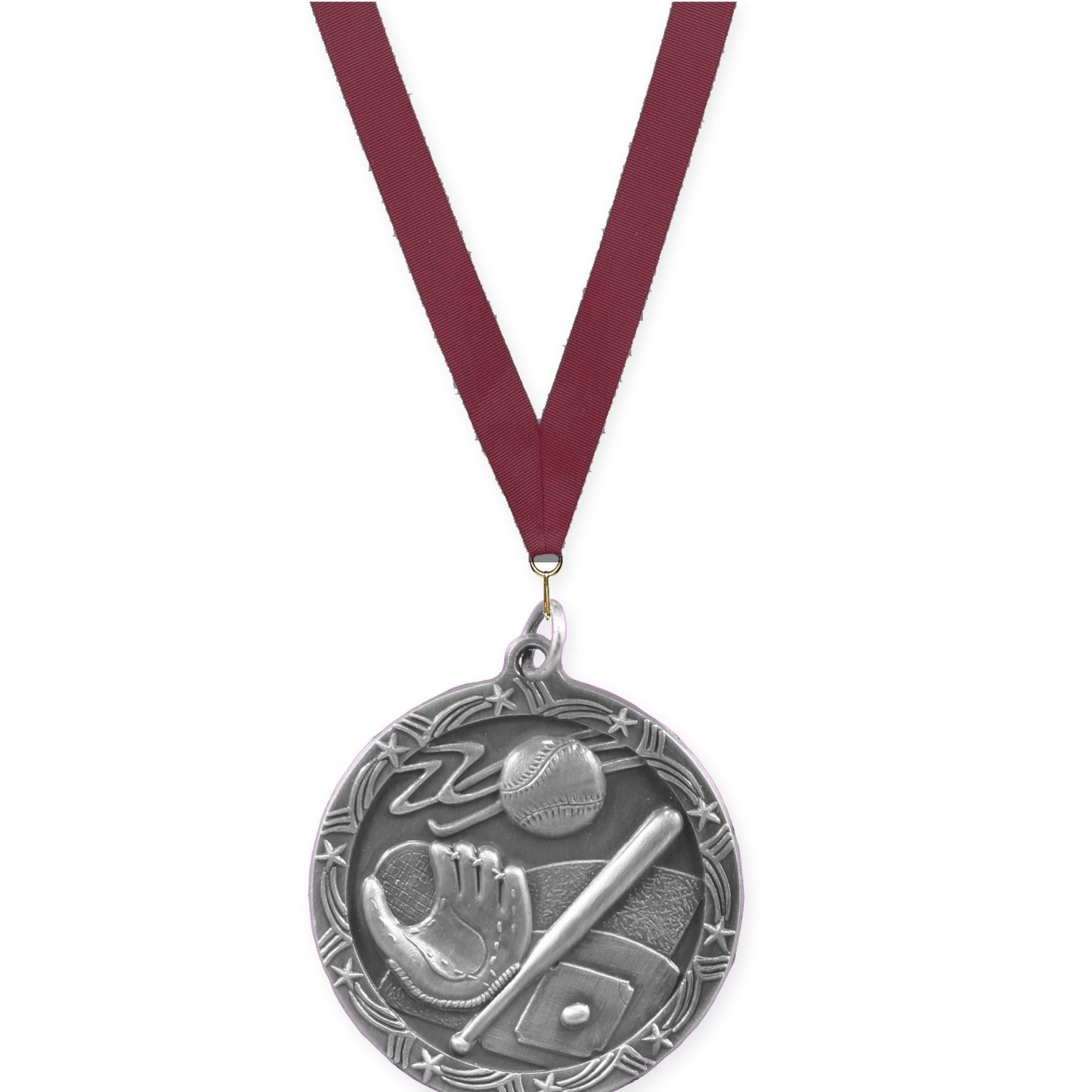 1 3/4 inch baseball and softball Shooting Star medal in antique silver with Maroon neck ribbon